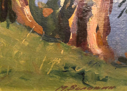 Oil painting On the Shore by Voloshin Mikhail Polikarpovich, textured tree trunks