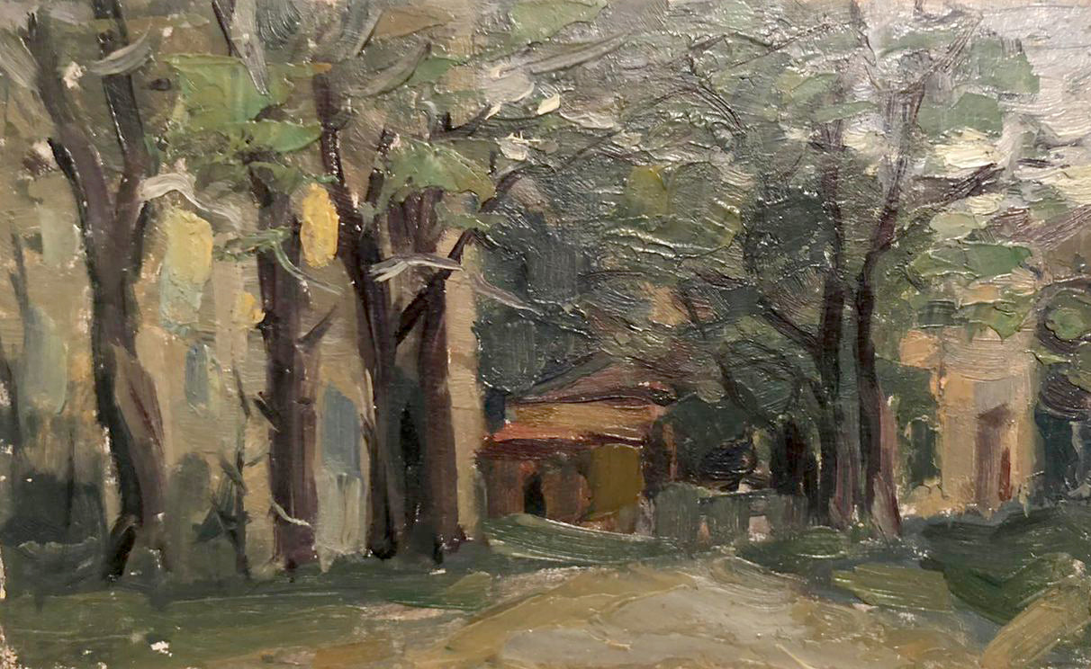 Impressionistic oil painting of wooded urban path by Zaretskyi Viktor