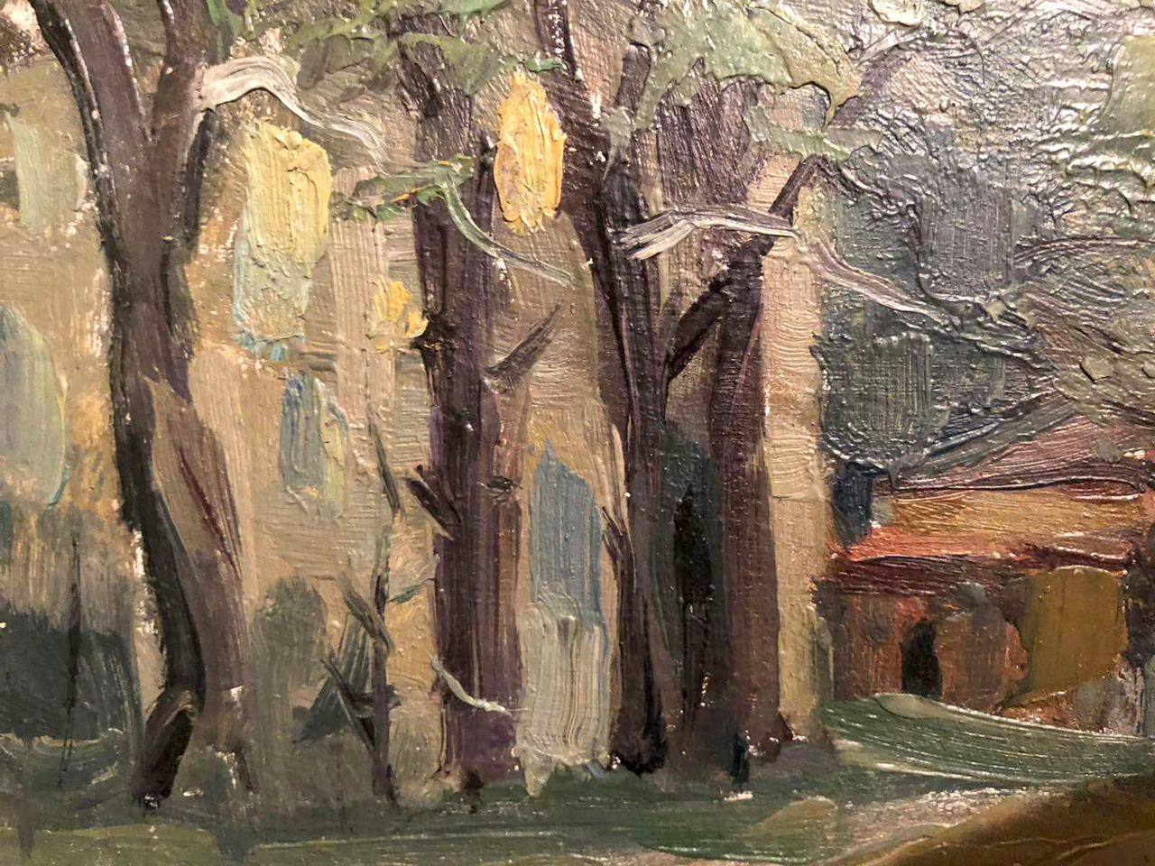 Impressionistic oil painting by Zaretskyi Viktor of textured urban tree trunks