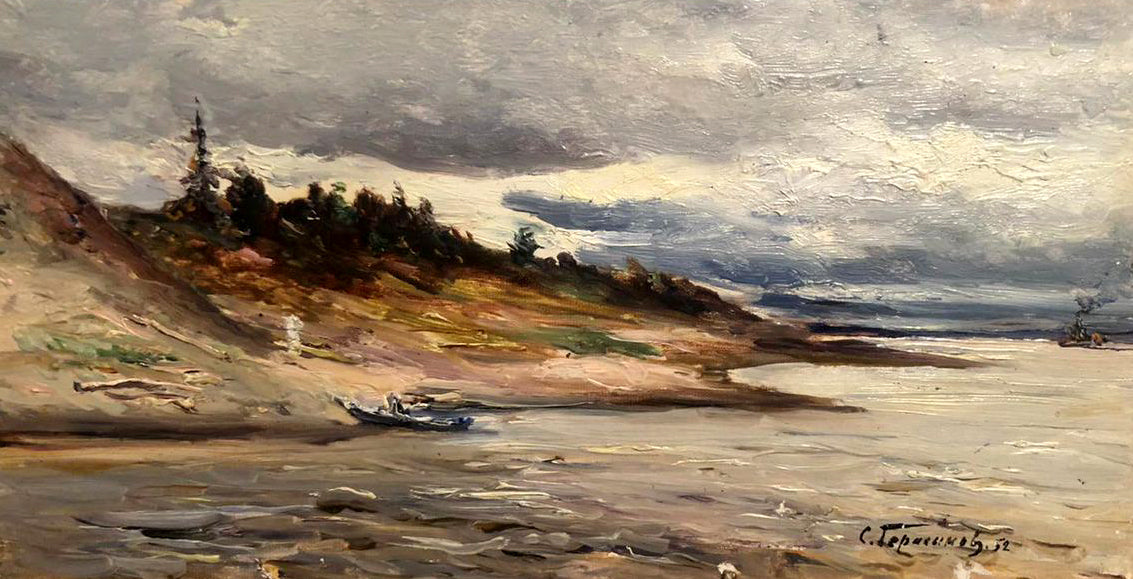 Impressionistic oil painting of muted blue rowboat on sandy shore under overcast sky