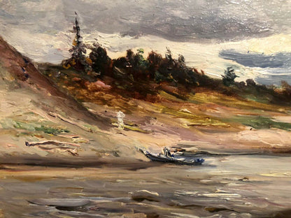 Oil painting of small blue rowboat on sandy shore under cloudy sky