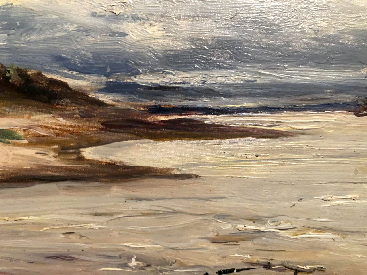 Oil painting of coastal landscape with boat on shore, textured waves