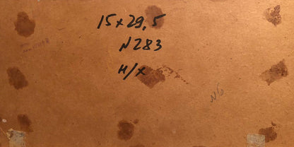 Back of brown cardboard box for oil painting There’s a boat on the shore with handwritten measurements