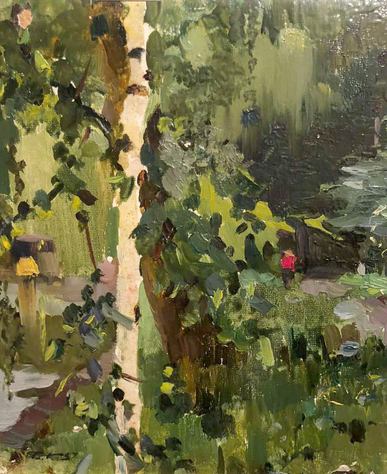Vibrant impressionist oil painting of birch tree in forest park by Kolesnik Boris Afanasevich