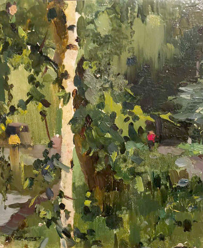 Vibrant impressionist oil painting of birch tree in forest park by Kolesnik Boris Afanasevich