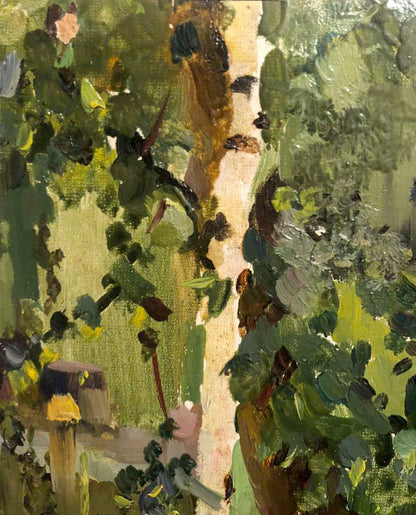 Oil painting by Kolesnik Boris Afanasevich: textured tree trunk with white bark in lush green foliage
