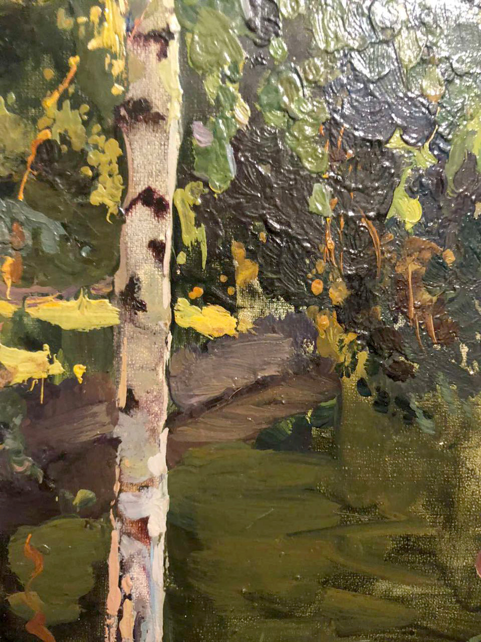 Textured oil painting of birch tree trunk by Kolesnik Boris Afanasevich