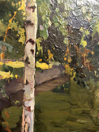 Textured oil painting of birch tree trunk by Kolesnik Boris Afanasevich