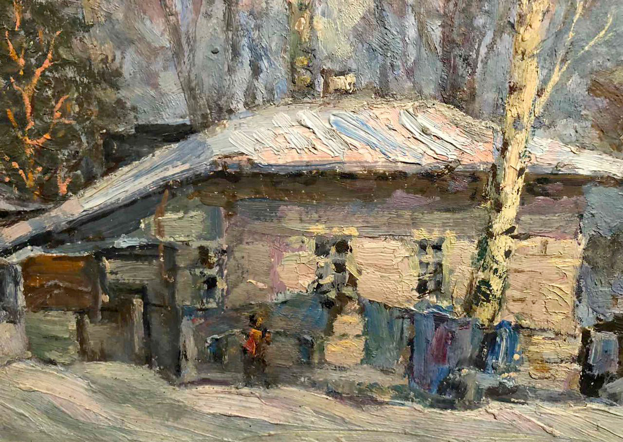 Winter evening oil painting by Shapoval Ivan Leontievich, weathered house in snow