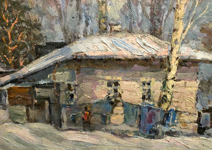 Winter evening oil painting by Shapoval Ivan Leontievich, weathered house in snow