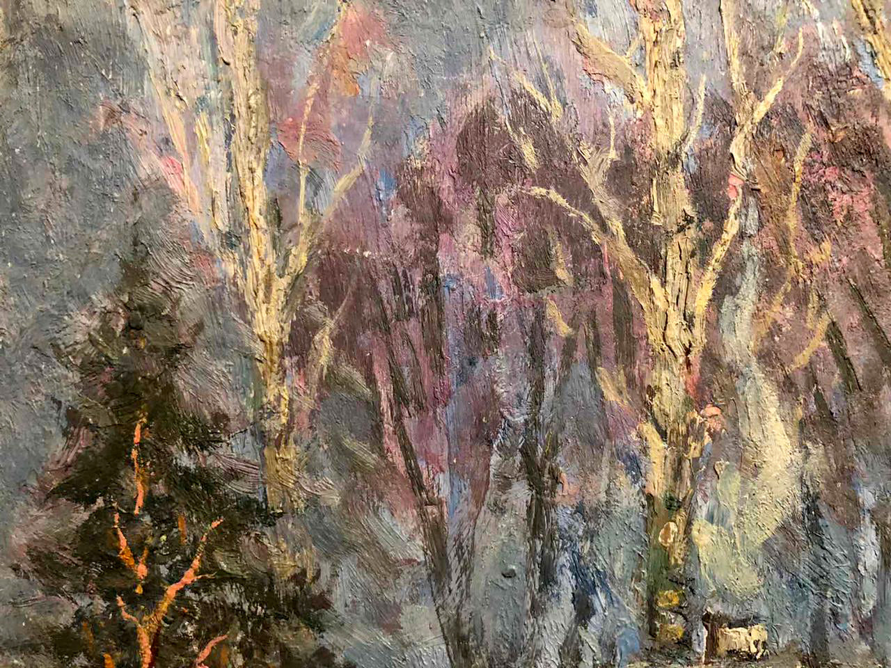 Oil painting Winter evening by Shapoval Ivan Leontievich, bare trees in gold and purple