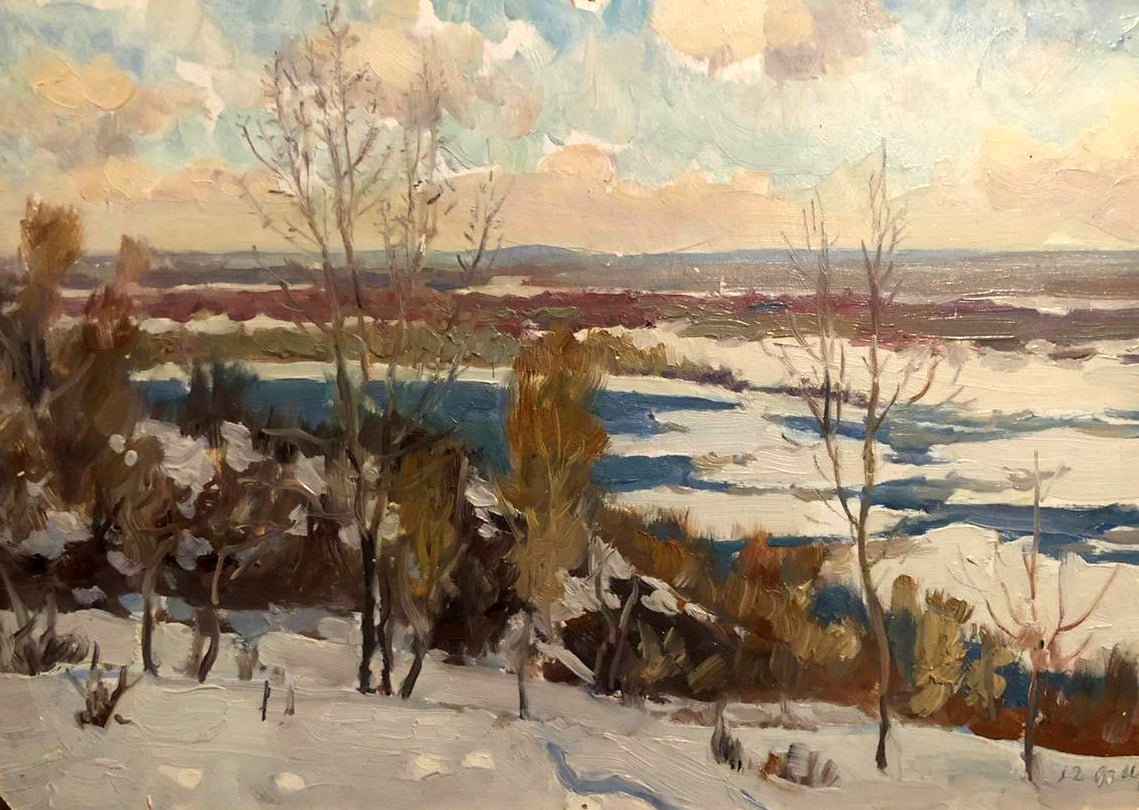 Oil painting of snow-covered trees and frozen river in winter landscape