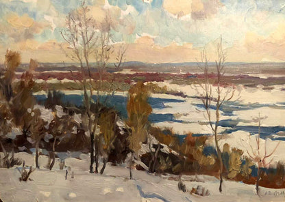 Oil painting of snow-covered trees and frozen river in winter landscape