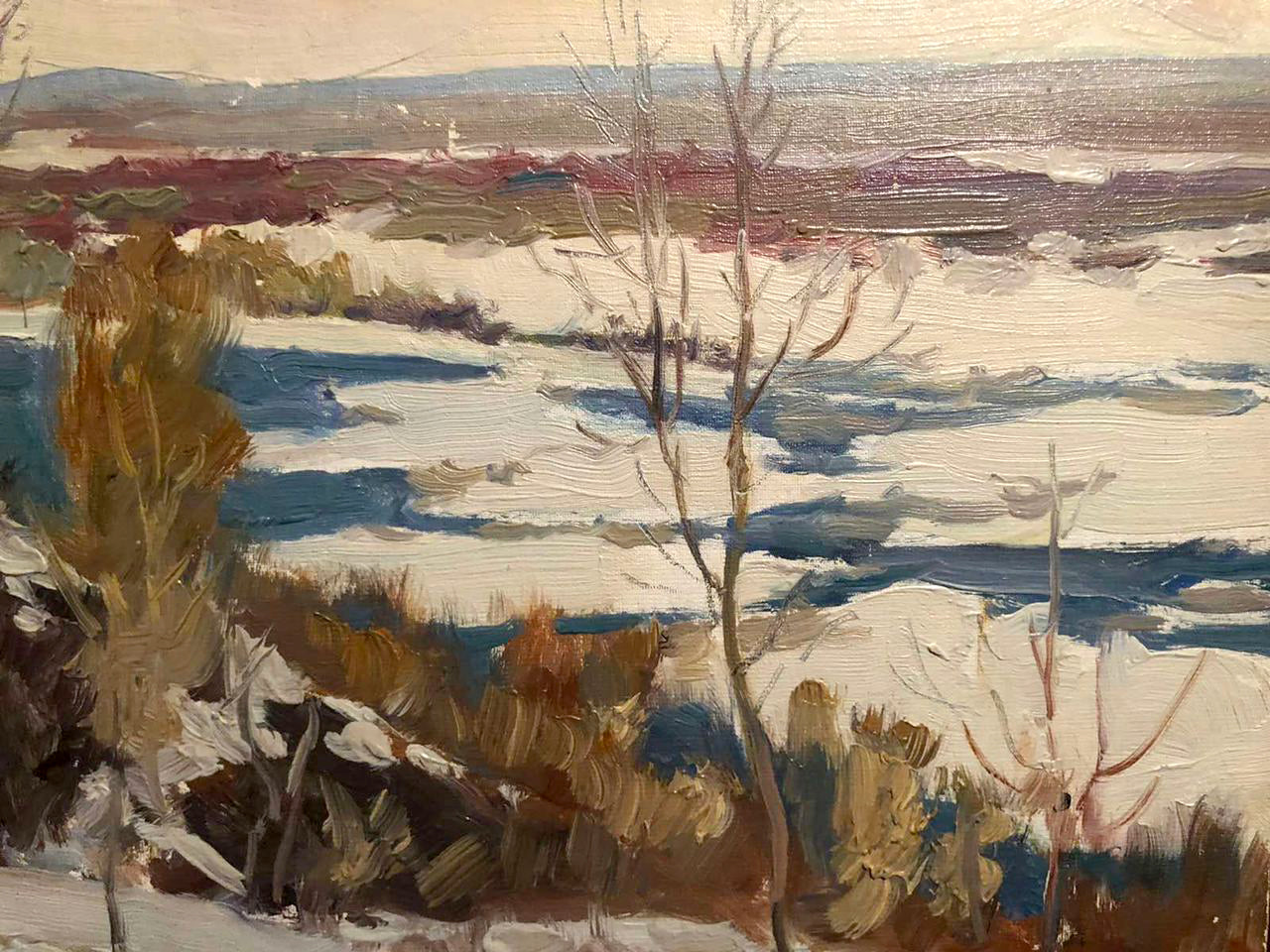 Oil painting of snowy landscape with bare trees, winter leaving, unknown artist