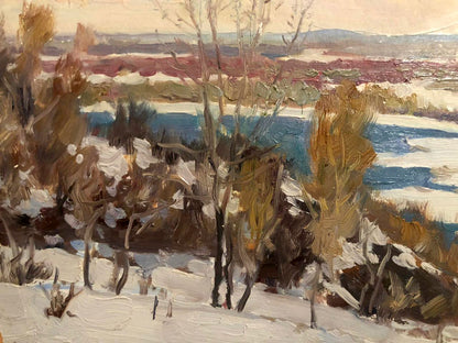 Oil painting of snowy landscape with bare autumn trees by unknown artist