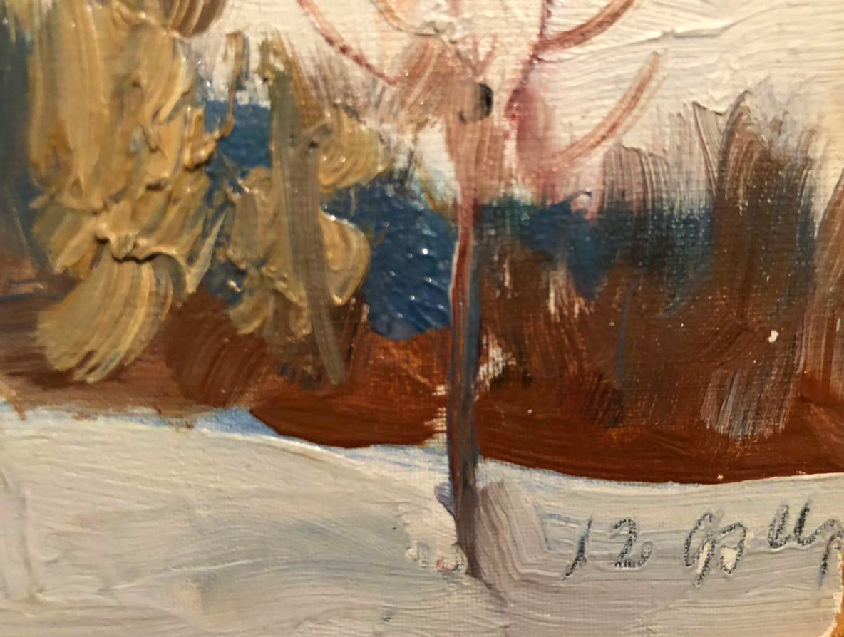 Oil painting of winter landscape with bare trees and snow by unknown artist