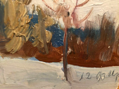 Oil painting of winter landscape with bare trees and snow by unknown artist