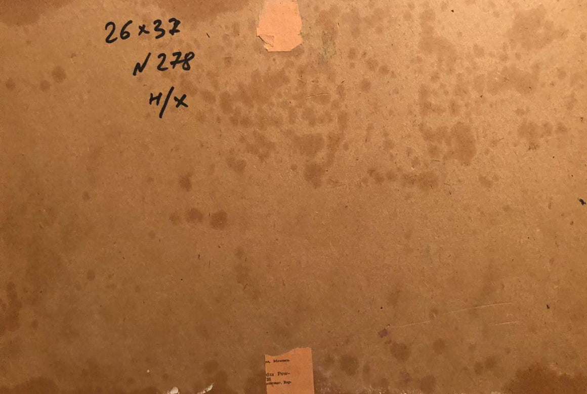 Back of oil painting Winter is quickly leaving with worn cardboard and handwritten markings