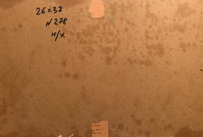 Back of oil painting Winter is quickly leaving with worn cardboard and handwritten markings