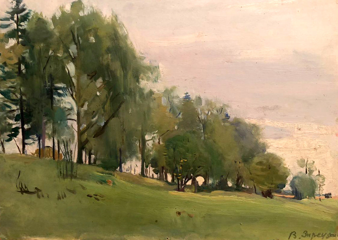 Oil painting of forest landscape by Zaretskyi Viktor, lush green hillside under pale sky