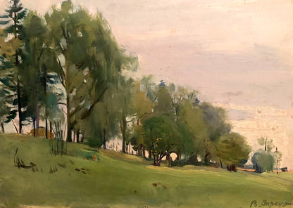 Oil painting of forest landscape by Zaretskyi Viktor, lush green hillside under pale sky