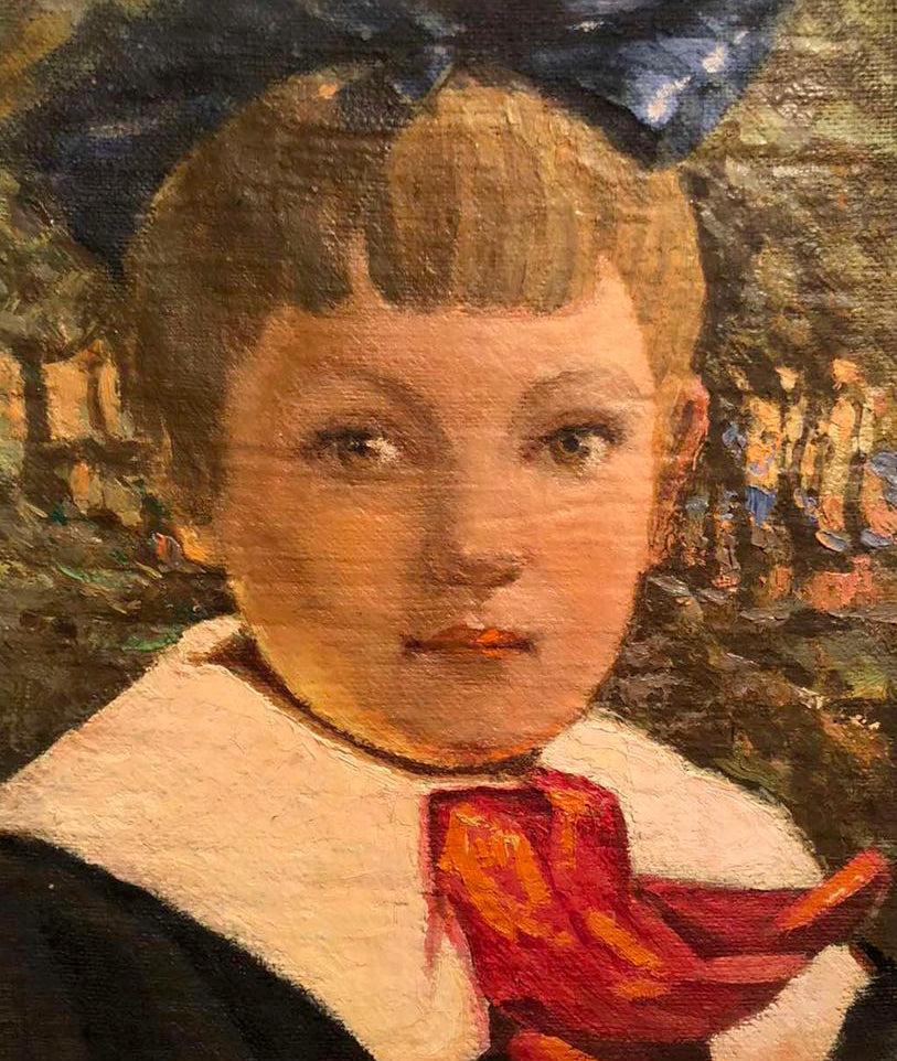 Oil painting of boy portrait with blonde hair, blue bow, red ribbon, white collar