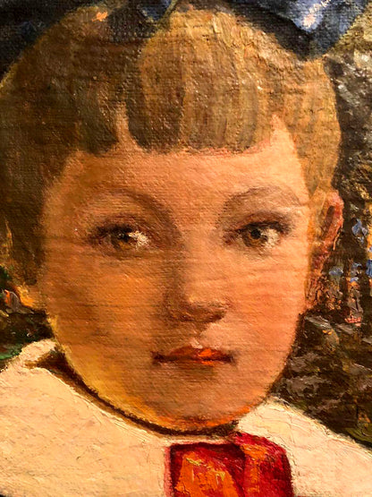 Oil painting boy portrait: close-up of child with light brown hair, red bow tie
