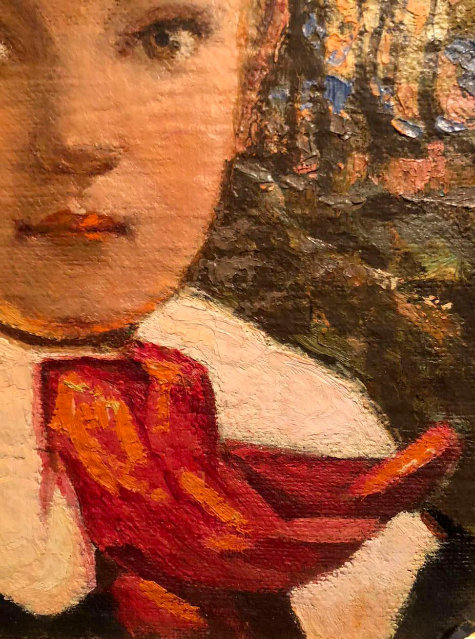 Oil painting of boy portrait: girl with warm skin, dark eyes, red bow