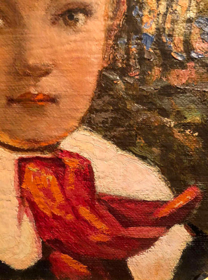 Oil painting of boy portrait: girl with warm skin, dark eyes, red bow
