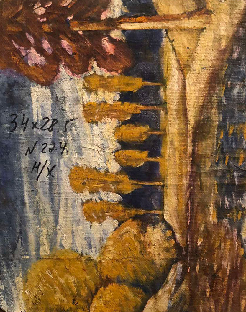 Oil painting of boy portrait with golden-brown skewered food on textured canvas