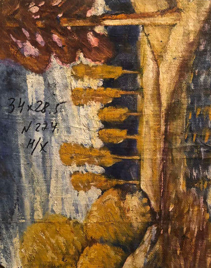 Oil painting of boy portrait with golden-brown skewered food on textured canvas