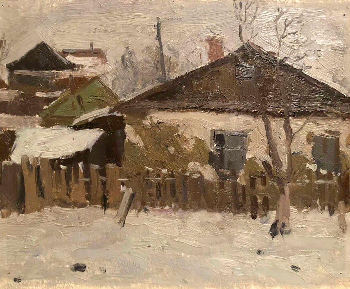 Oil painting of winter village life by unknown artist, textured snow rooftops