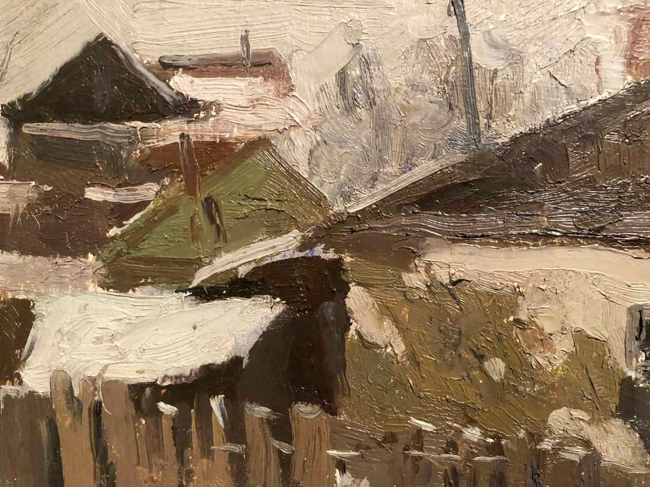 Oil painting of winter village life by unknown artist, snowy rooftops