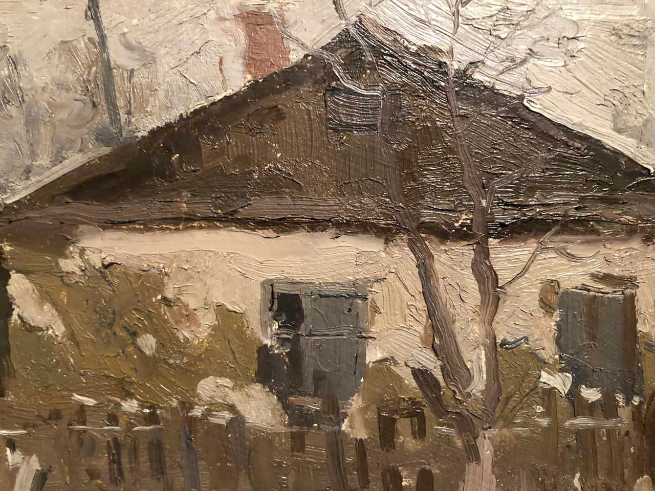 Oil painting of textured winter village rustic house by unknown artist