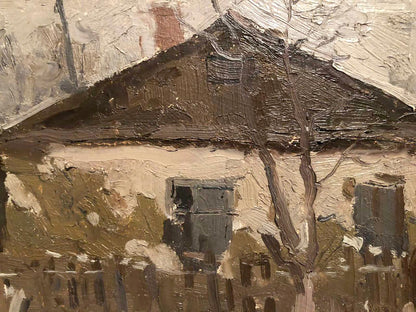 Oil painting of textured winter village rustic house by unknown artist