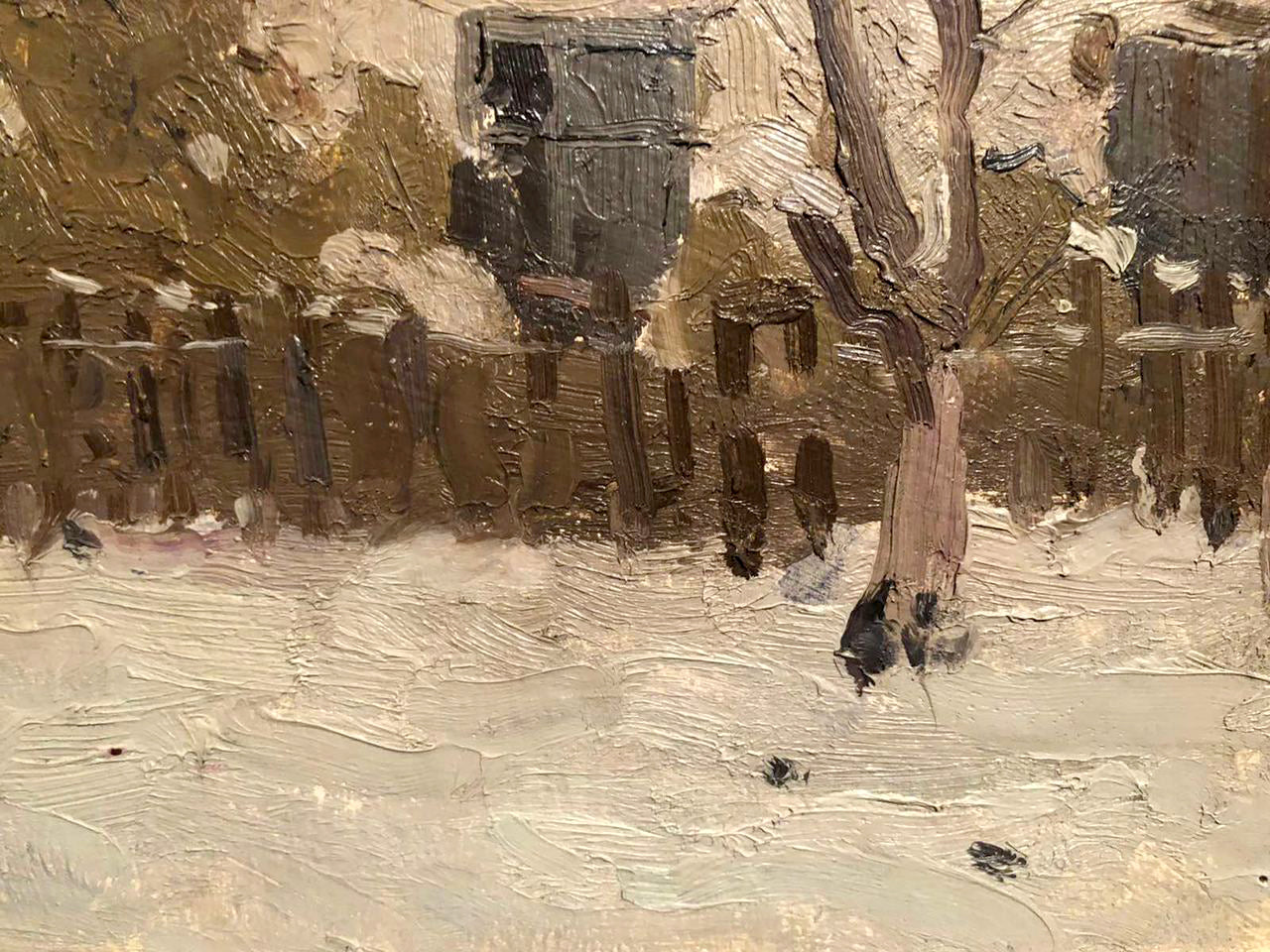 Textured impressionistic oil painting of snowy winter village life