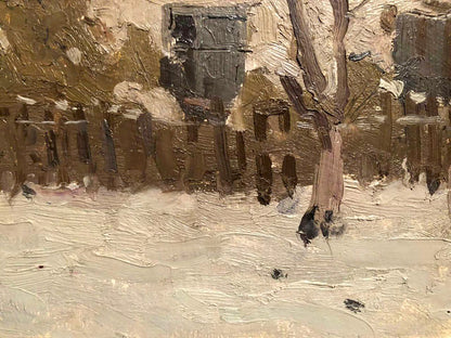 Textured impressionistic oil painting of snowy winter village life
