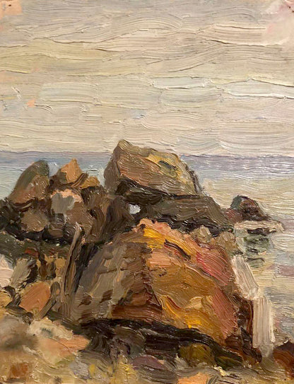 Textured oil painting of rocky coast by Tsyganova in earthy tones