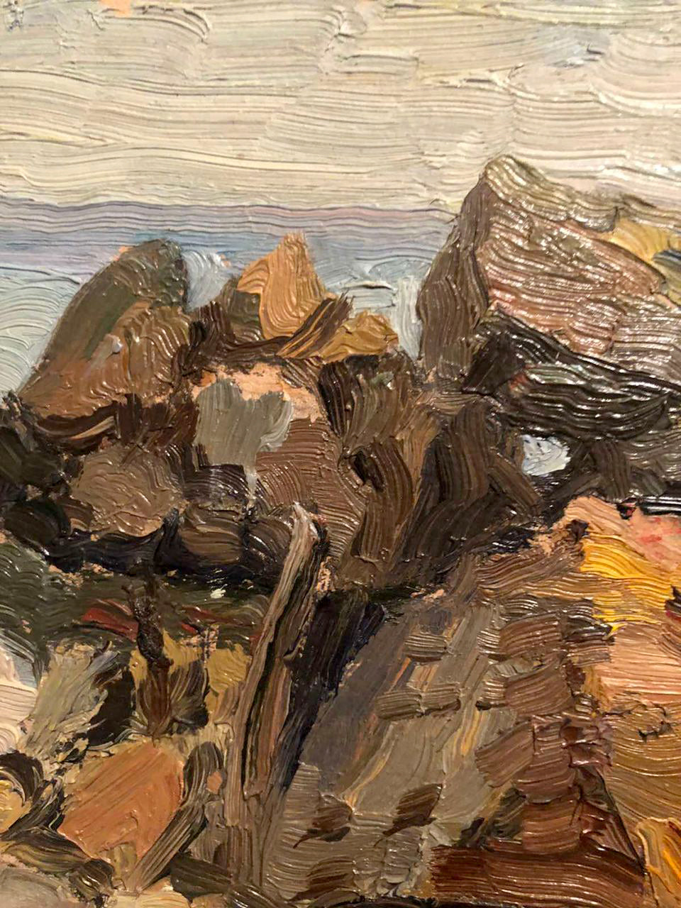 Oil painting Rocky coast Tsyganova textured earth-toned rocks horizon