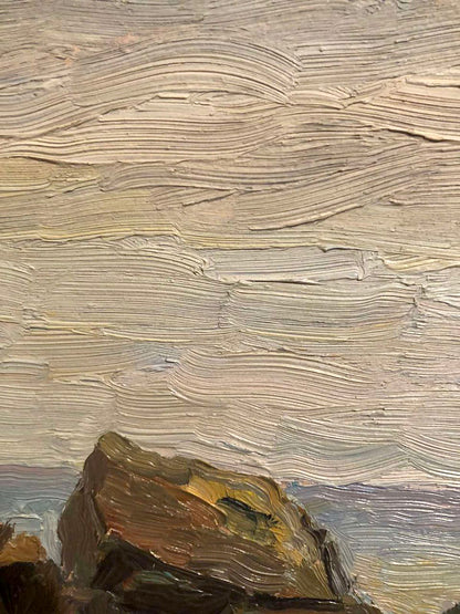 Textured beige gray oil painting Rocky coast Tsyganova rocky landscape