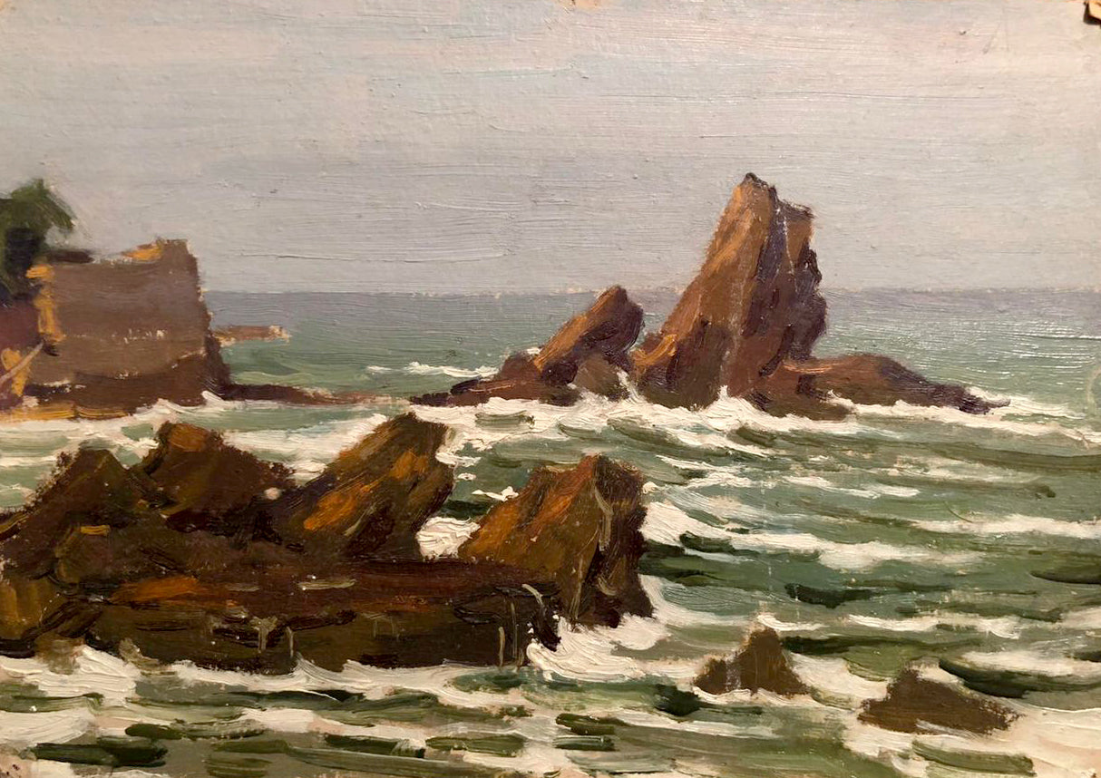 Oil painting Sea Breeze by Karmanov N.D.: rugged rocks in turbulent waves