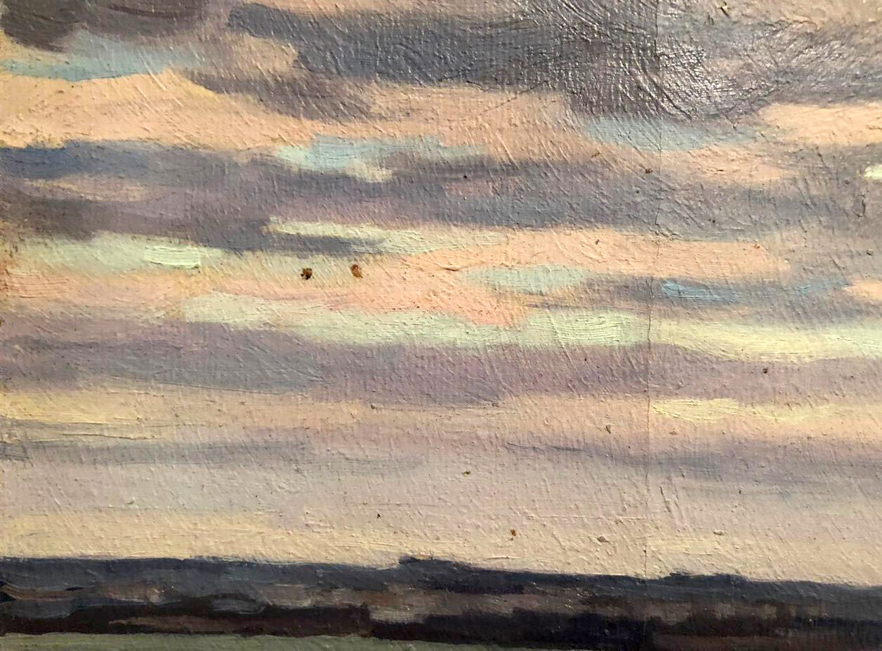 Oil painting On the shore by Karmanov N. D. with pink gray clouds