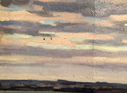 Oil painting On the shore by Karmanov N. D. with pink gray clouds