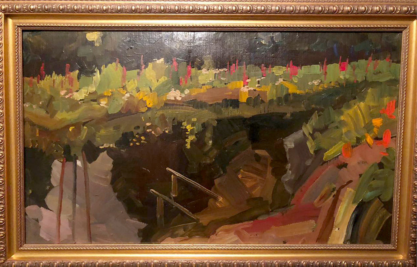 Oil painting Etude Mykola Reznik: lush impressionistic landscape in gold frame