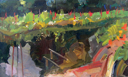 Oil painting Etude by Mykola Reznik: vibrant green red foliage in dark water reflection