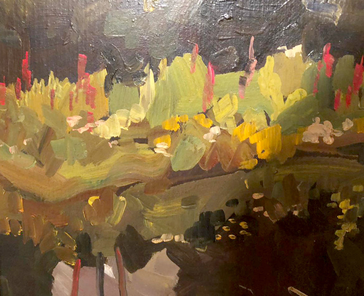Oil painting Etude by Mykola Reznik: vibrant yellow green foliage with red accents