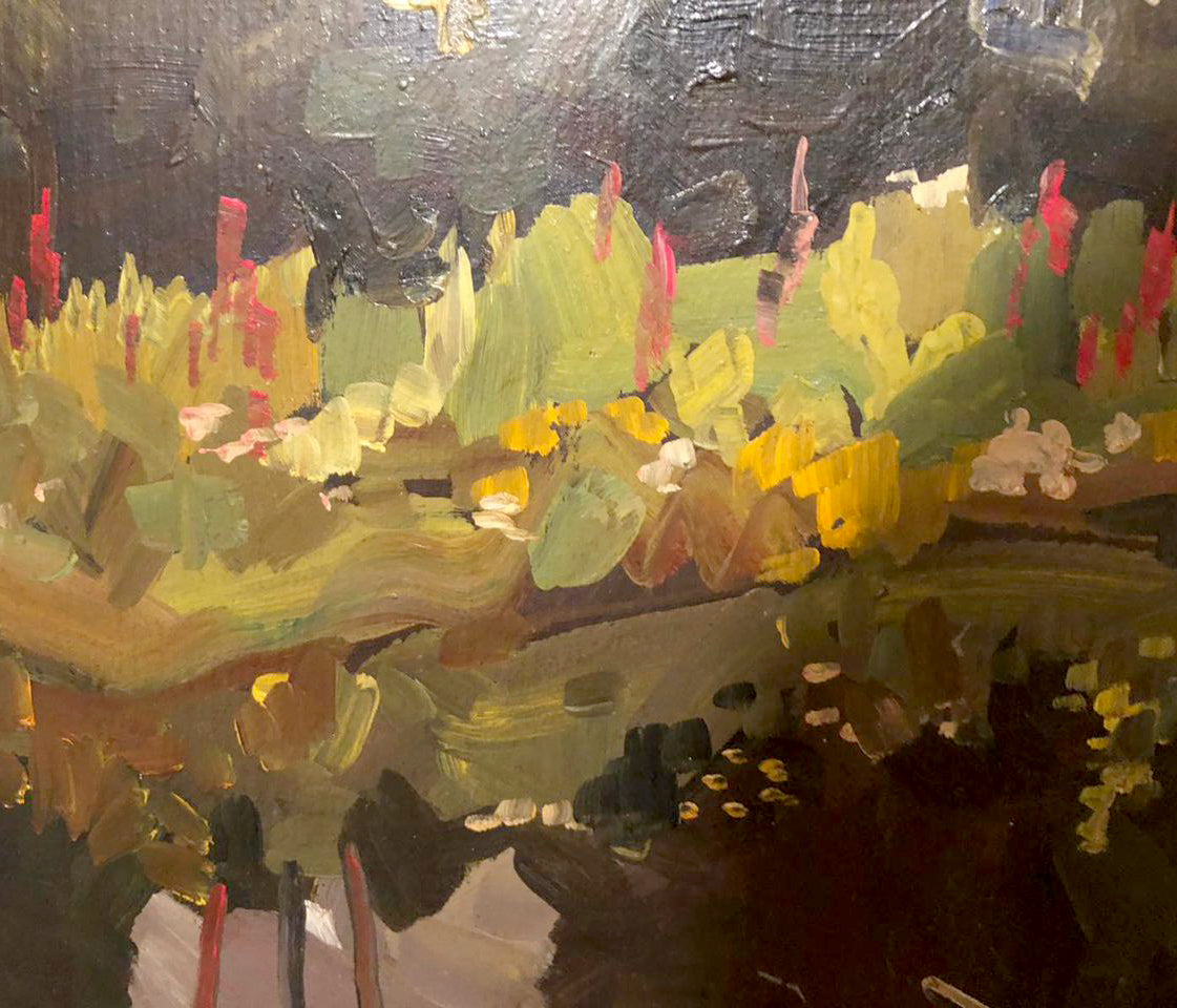 Oil painting Etude by Mykola Reznik: vibrant green field on dark background
