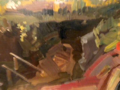Oil painting Etude Mykola Reznik with ochre, green, red abstract strokes