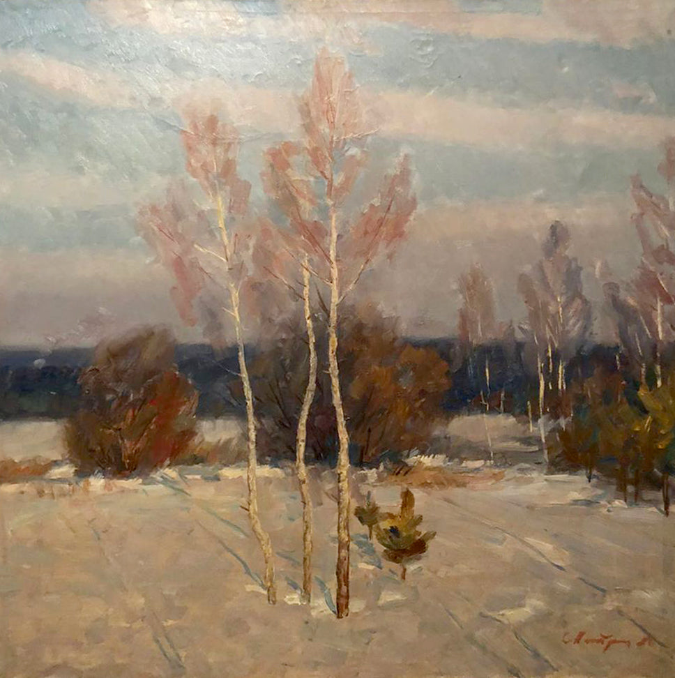 Impressionistic snowy birch landscape oil painting by Petrashevsky Stanislav Vasilievich