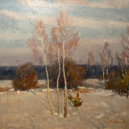 Impressionistic snowy birch landscape oil painting by Petrashevsky Stanislav Vasilievich